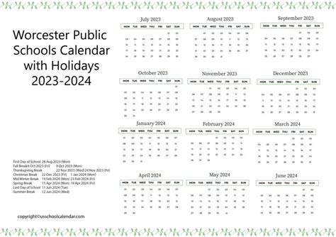 Worcester Schools Calendar image 6