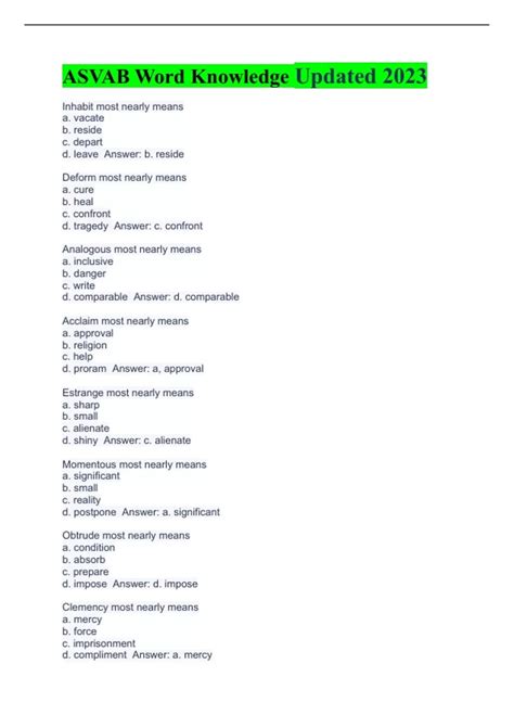 ASVAB Word Knowledge Vocabulary List